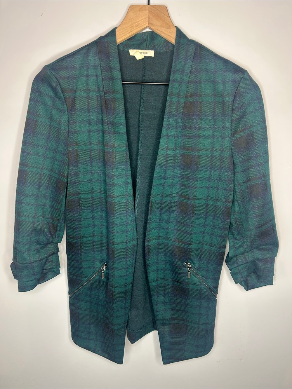 Maurices Green and Navy Plaid Open Blazer